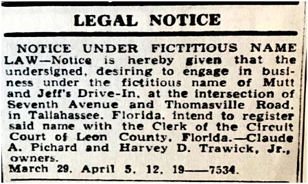 Mutt & Jeffs Legal Notice 1948 - Tallahassee, Florida.