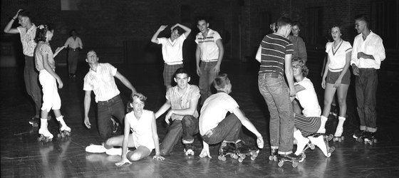 Teenagers skating at the Leon County Armory in Tallahassee, Florida.